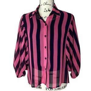 Vintage Sans Souci Sheer Stripe Blouse Button Front Batwing Dolman Sleeves Small